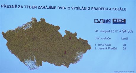 Mapa pokrytí signálem pechodové sít DVB-T2 na konci listopadu 2017.