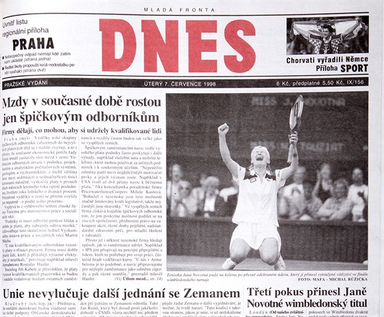 Wimbledonské vítzství Jany Novotné na stránkách MF DNES ze 7. ervence 1998.