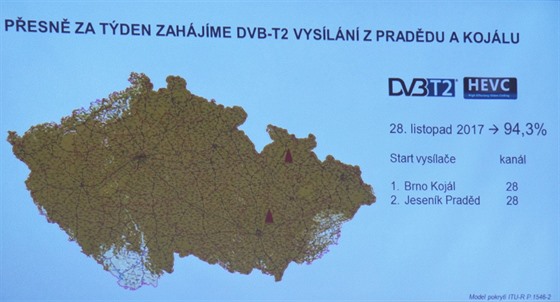 Mapa pokrytí signálem přechodové sítě DVB-T2 na konci listopadu 2017.