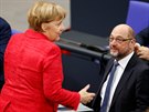 Nmecká kancléka Angela Merkelová na jednání Spolkového snmu hovoí s éfem...