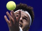 Jo-Wilfried Tsonga servíruje ve finále Davis Cupu.