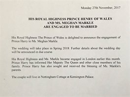 Oficiální oznámení o zásnubách prince Harryho a Meghan Markle (Londýn, 27....