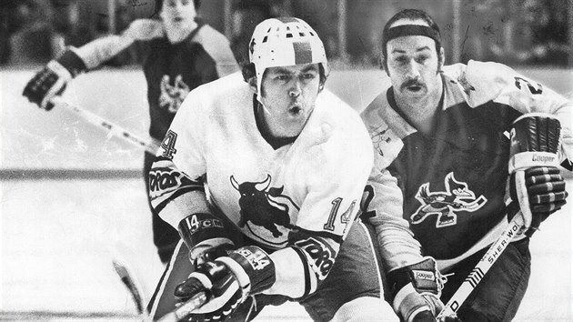 Hokejista Vclav Nedomansk (uprosted) v dresu kanadskho tmu Toronto Toros v utkn WHA proti Phoenixu. (28. jna 1974)