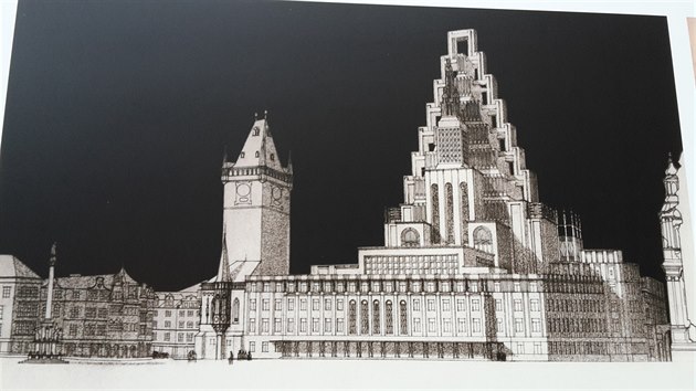 Návrh přístavby Staroměstské radnice od Josefa Gočára z roku 1909