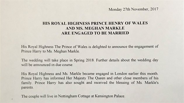 Oficiální oznámení o zásnubách prince Harryho a Meghan Markle (Londýn, 27. listopadu 2017)