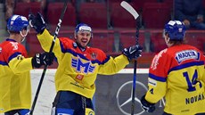 Hokejisté Českých Budějovic se radují z gólu v zápase s Karlovými Vary.