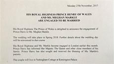 Oficiální oznámení o zásnubách prince Harryho a Meghan Markle (Londýn, 27....