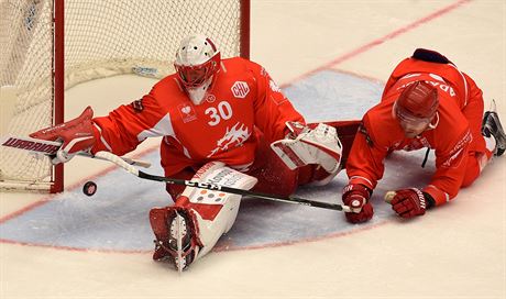 Branká imon Hrubec a Martin Adamský z Tince v utkání Ligy mistr proti...