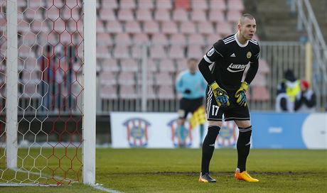 Zlínský gólman Stanislav Dostál pozoruje hru.