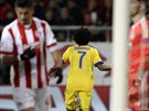 Juan Cuadrado z Juventusu běží oslavit vstřelený gól v Lize mistrů. Turínský...