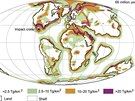 Mapka zemského povrchu ped 66 miliony let s vyznaenou koncentrací uhlovodík...