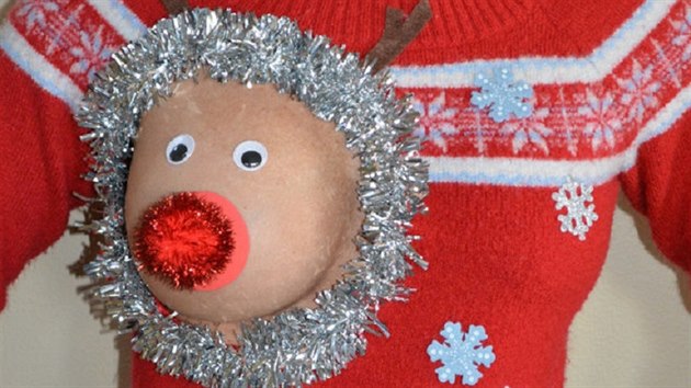 Vánoční svetr pro kojící matky vzbudil velkou pozornost.  Na první pohled se může zdát sobí hlava je z umělé hmoty. Ve skutečnosti má svetr otvor pro opravdové prso.