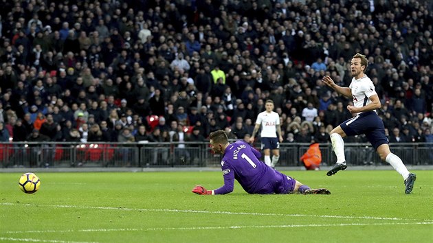 tonk Harry Kane z Tottenhamu zakonuje v zpase proti Stoke City.