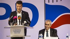 Šéf SPD Tomio Okamura a prezident Miloš Zeman na celostátní konferenci hnutí...