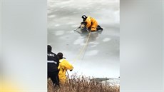 Kanadští hasiči zachránili psa, pod kterým se propadl led