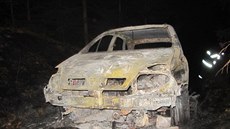Z osobního vozu zbyly po po�áru jen kovové díly (6.12.2017).