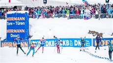 POSLEDNÍ METRY. Francouzský biatlonista Martin Fourcade (s íslem 2 ve lutém)...