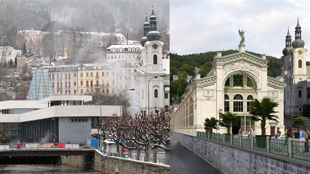 Vlevo pohled na elezobetonov objekt souasn Vdeln kolondy z roku 1975, vpravo vizualizace repliky pvodn litinov kolondy architekt Fellnera a Helmera. Z obrzku vpravo je patrn, jak by lokalita na behu eky Tepl pod kostelem sv. M Magdalny vypadala po dokonen stavby repliky.