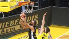 Martin K�í� (v �erné) z Nymburka zakon�uje na ko� Arisu Solu�, brání ho...