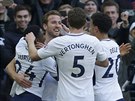 Harry Kane z Tottenhamu pijímá gratulace ke gólu.