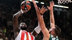 Mathias Lessort (vlevo) z Crvene zvezdy B�lehrad úto�í p�es Jana Vujukase z...
