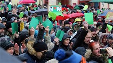 Symbolem podpory Antonína Jalovce byly zelené karty v rukou demonstrant.