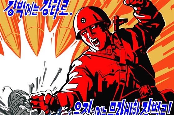 Severokorejský propagandistický plakát oslavující moc armády KLDR