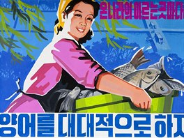 Severokorejsk propagandistick plakt oslavujc hospodsk spchy KLDR