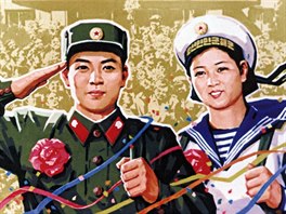 Severokorejsk propagandistick plakt oslavujc hospodsk spchy KLDR