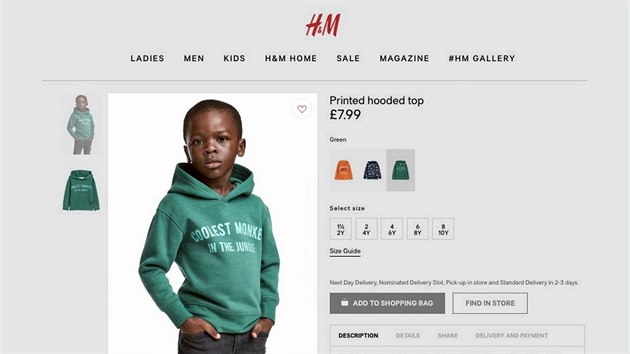 Společnost H&M se omluvila za obrázek, kde má na sobě dítě tmavé pleti mikinu s nápisem „Nejvíc cool opice v džungli“.
