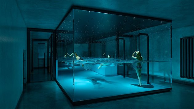 V suterénu budovy bude k dispozici designový bazén v podobě akvária s dálkou 18 metrů.