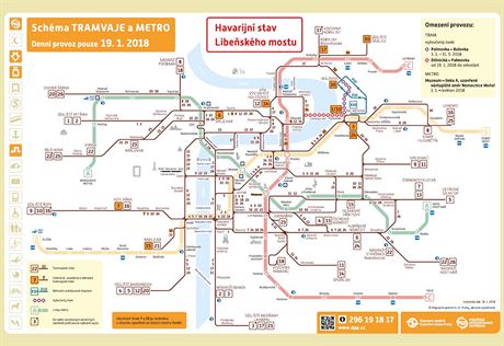 Schma MHD v Praze na ptek 19. ledna, tedy prvn den uzavrky Libeskho mostu.