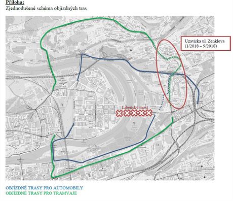 Schma objzdnch tras kolem uzavenho Libeskho mostu.
