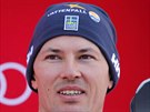 Andre Myhrer na stupních vítz ve výcarském Wengenu po slalomu Svtového...