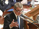 Premiér Andrej Babiš hovoří na úterním jednání Poslanecké sněmovny, která by...