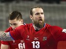 eský házenká Pavel Horák se raduje z gólu v zápase s Nmeckem.