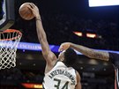 Janis Adetokunbo (vlevo) z Milwaukee smeuje do koe Miami, James Johnson ho...