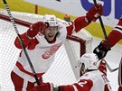 Martin Frk (vpravo) a Tyler Bertuzzi z Detroitu slaví gól proti Chicagu.