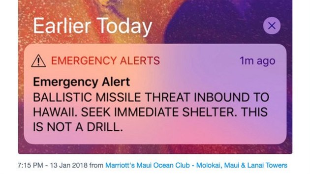Varování před raketovým útokem, které přišlo obyvatelům Havaje (13. ledna 2018)