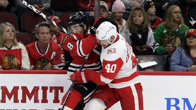 Nick Schmaltz (v ervenm) a Herik Zetterberg u mantinelu bojuj  o puk.