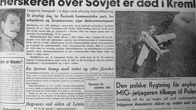 Tituln strana mstnch novin Bornholmeren (vychzejcch v Rønne na ostrov Bornholm) z ptku 6. bezna 1953