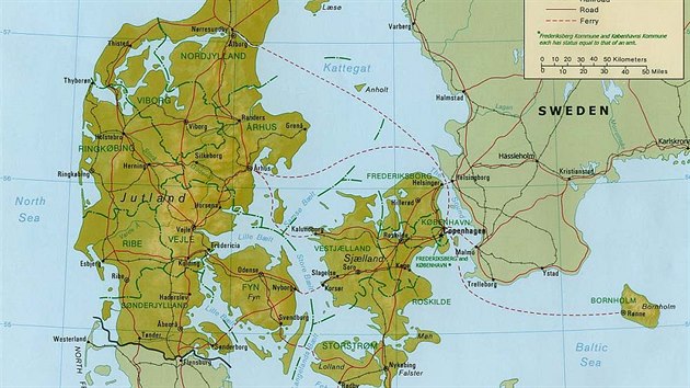 Mapa Dnska. Ostrov Bornholm je jeho nejvchodnj st, le v Baltskm moi mezi vdskem a Polskem.