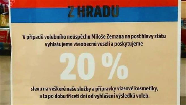 Prask kadenictv na internetu nabz 20 procent slevu na vechny sluby a vlasov ppravky, pokud ve volb Milo Zeman neuspje.
