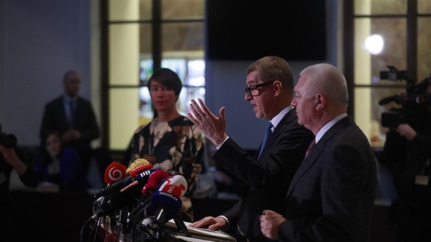 Andrej Babiš a Jaroslav Faltýnek před jednáním mandátového a imunitního výboru oznamují, že se nechají vydat k trestnímu stíhání v kauze Čapí hnízdo (16. ledna 2018).