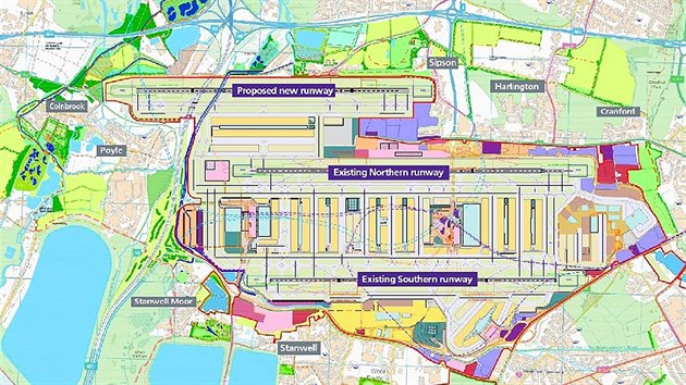 Londýnské letiště Heathrow plánuje rozšíření o třetí dráhu (nahoře). Silniční okruh M25 povede tunelem pod jejím povrchem.