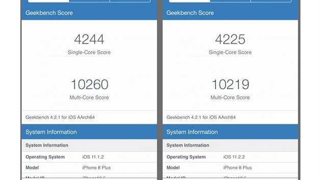 Výsledky iPhonu 8 Plus v testu GeekBench před a po instalaci záplaty Spectre