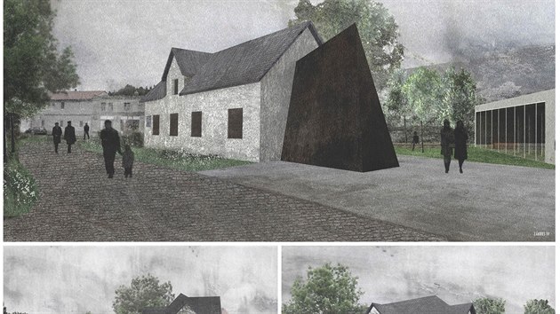 Na vizualizaci je budoucí podoba Památníku Jana
Palacha ve Všetatech s černou masivní „hranou zla“ procházející svým ostřím rodinným domem.