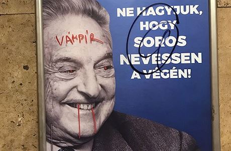 Americký miliardá George Soros jako upír na billboardu v budapeském metru...