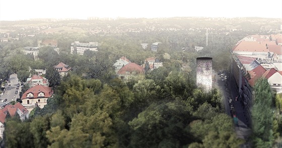 Betonový komín v ulici Nad Královskou oborou na Letné, který slouí k odvodu...