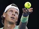 eský tenista Tomá Berdych ve tvrtfinálovém duelu Australian Open s Rogerem...